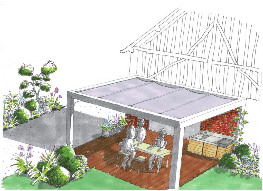 Croquis une piece en plus sous pergola voile d'ombrage